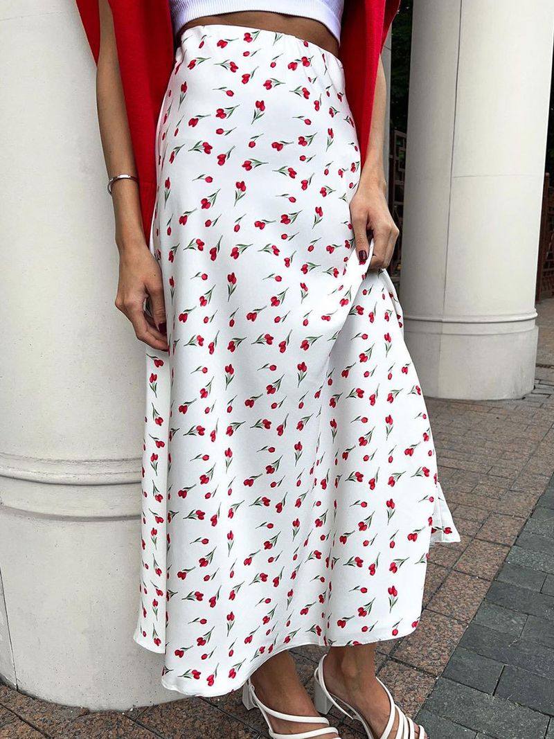 Gonna midi a sirena con stampa di ciliegie, elegante, a vita alta, floreale tinta unita, primavera 2025, abbigliamento resistente e comodo, sinonimi_voghion.com