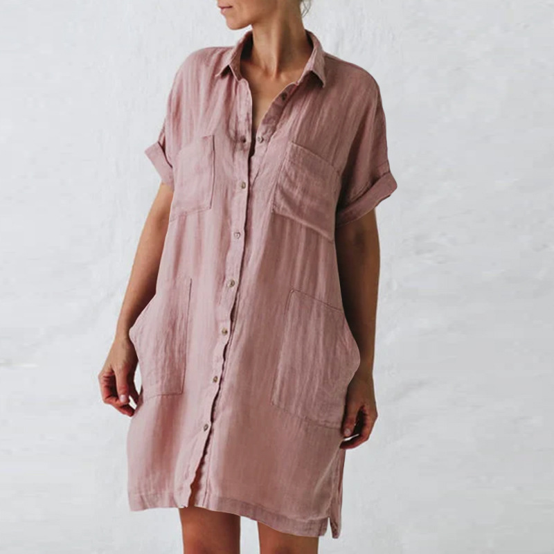 Nuovo abito camicia tascabile irregolare a maniche lunghe in canapa di cotone_voghion.com