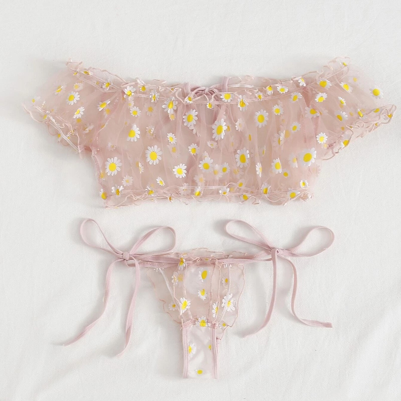 Women Perspective Lingerie Set Embroidery Lace Bowknot Strapless Bra Thong Set Temptation Underwear Sleepwear Nightwear_voghion.com