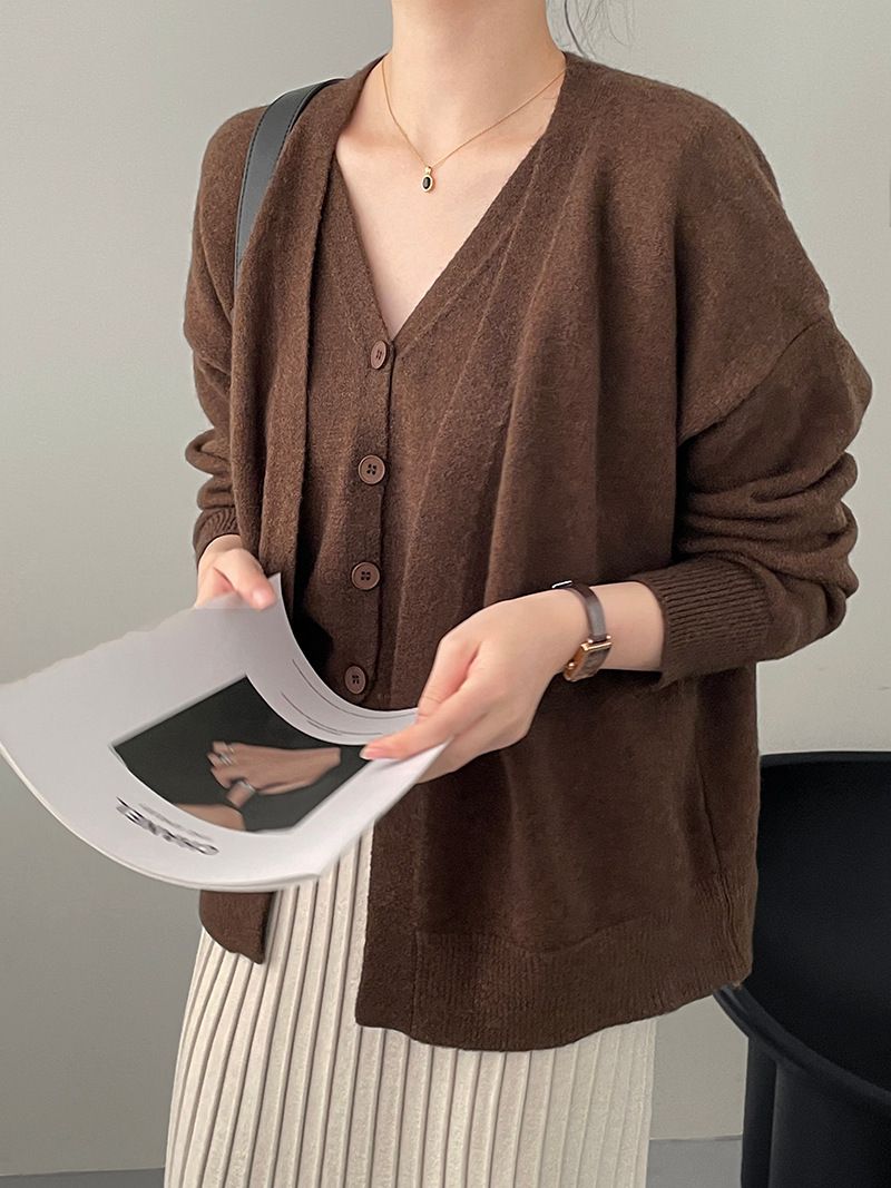 Frauen Kleidung strickjacke zwei stück set herbst neue Koreanische version einfache v-ausschnitt weiche wachsartige pullover weibliche weste_voghion.com