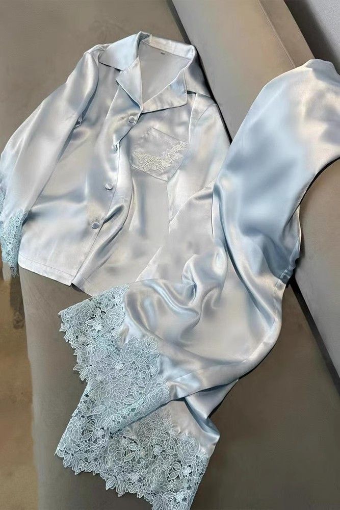 Unterwäsche & Nachtwäsche Luxuriöses Pyjama-Set aus Eisseide für Damen – Langarm und Hose mit Spitzenbesatz, bequeme Nachtwäsche für Frühling und Sommer, süß_voghion.com