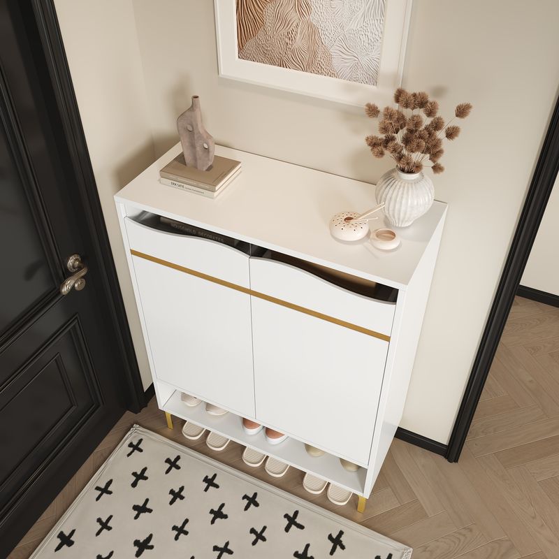 Meuble à chaussures blanc moderne avec éclairage LED 16 couleurs – Rangement gain de place pour couloir 80 x 35 x 105 cm avec tiroirs et étagères – Pour entrée, salon, couloir_voghion.com