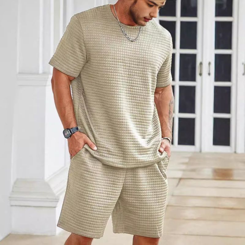 New trendy men's sports and casual small square loose round neck short sleeved shorts set_voghion.com