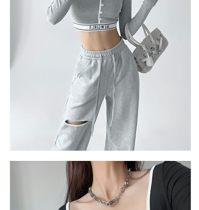 【】Letter elastischer Saum Farbblockbesatz Langarm Quadratischer Ausschnitt Slim Fit Schlankmachendes Hot Girl Top_voghion.com