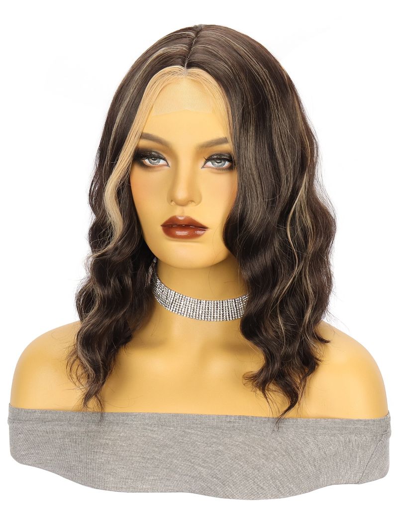 Peruki syntetyczne na klipsy Peruki z małą koronką Peruki syntetyczne Brązowe pasemka Fale wodne Krótkie kręcone włosy_voghion.com