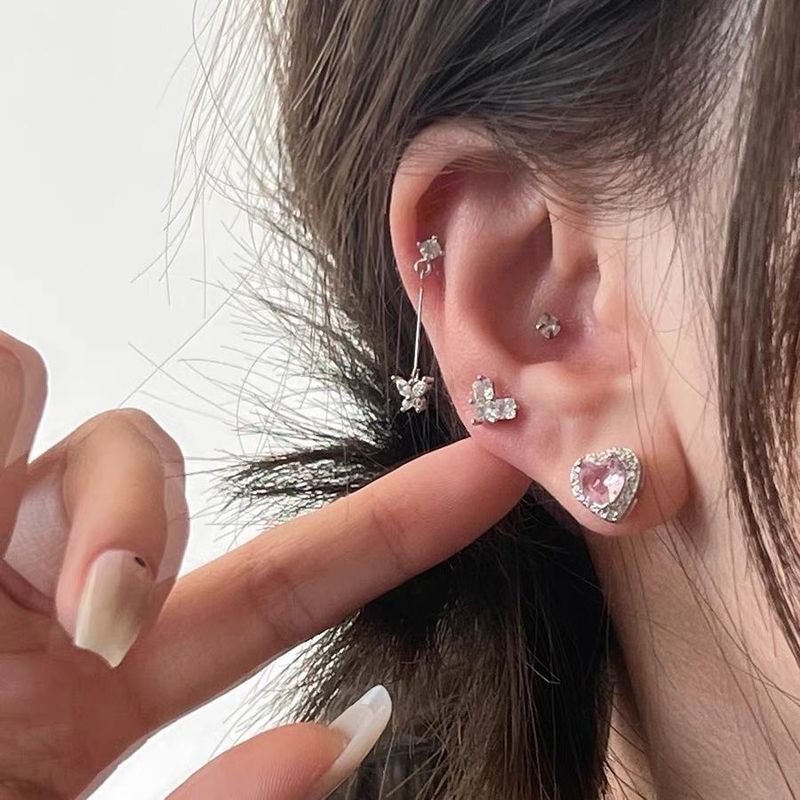 Orecchini a bottone con pallina a forma di cuore e diamanti, set da quattro pezzi, scintillanti, a strati, di nicchia giapponese e coreana._voghion.com