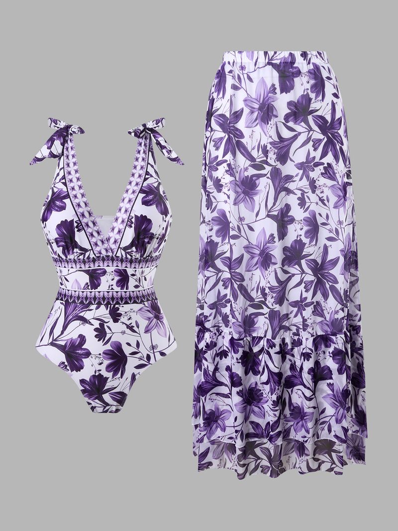 Maillot de bain une pièce sexy pour femme avec jupe fluide - Maillot de bain bikini col V pour la plage et la piscine - Contrôle du ventre et design push-up - Taille haute et séchage rapide_voghion.com