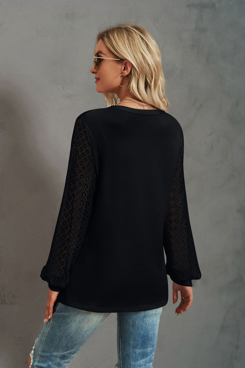 Women's Clothing Casual Waffle Grace Panel Long Sleeve Button T-shirt Top_voghion.com