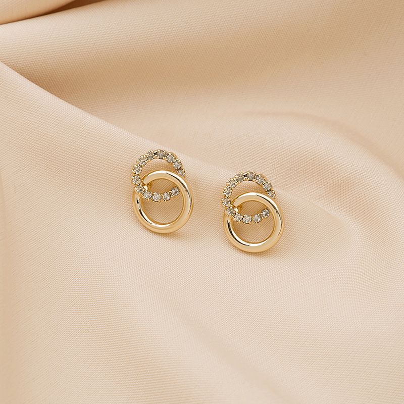 Gold Color Double Circle Stud Earrings For Women Korean Exquisite Simple Metal Crystal Earring Luxury Party Jewelry Gifts_voghion.com