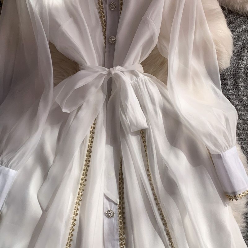 Abito elegante da donna con colletto in pizzo e maniche a lanterna - Abito estivo midi a trapezio con vita alta e bottoni sul davanti (blu/bianco/rosa)_voghion.com