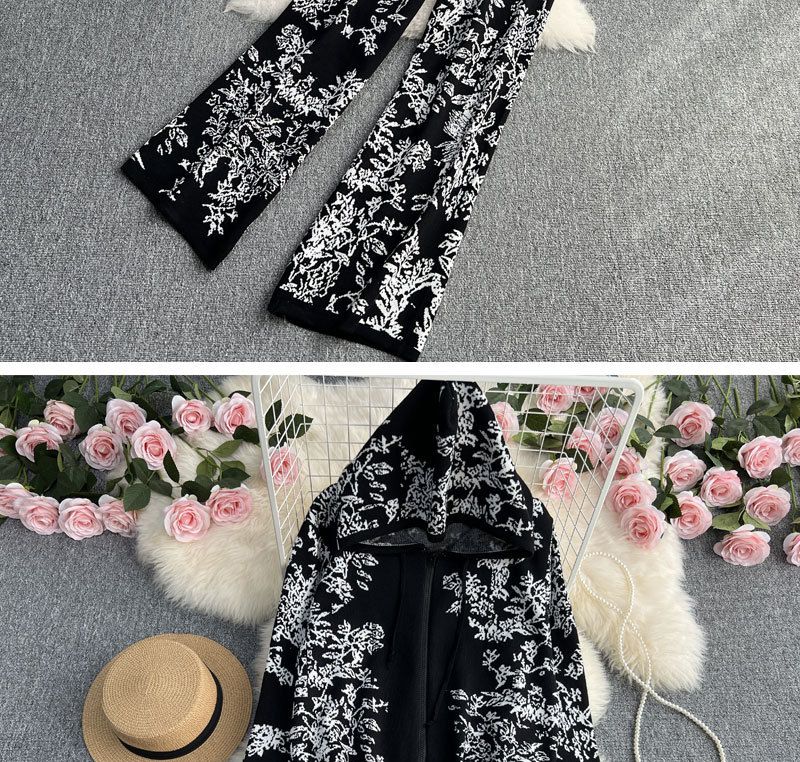 Sweat-shirt tricoté à capuche et fermeture éclair en jacquard pour femmes, ensemble deux pièces, taille haute, pantalon à jambes larges_voghion.com