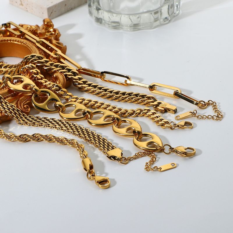 Conjunto de joias estilo INS Miami Cuban Chain Flat Snake Fold Pulseira de aço inoxidável banhada a ouro para mulheres_voghion.com