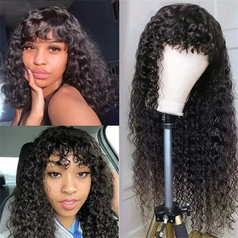 Peluca de cabello humano con ondas de agua y flequillo, pelucas de cabello humano con flequillo completamente hechas a máquina y rizadas con agua para mujeres, pelucas brasileñas_voghion.com
