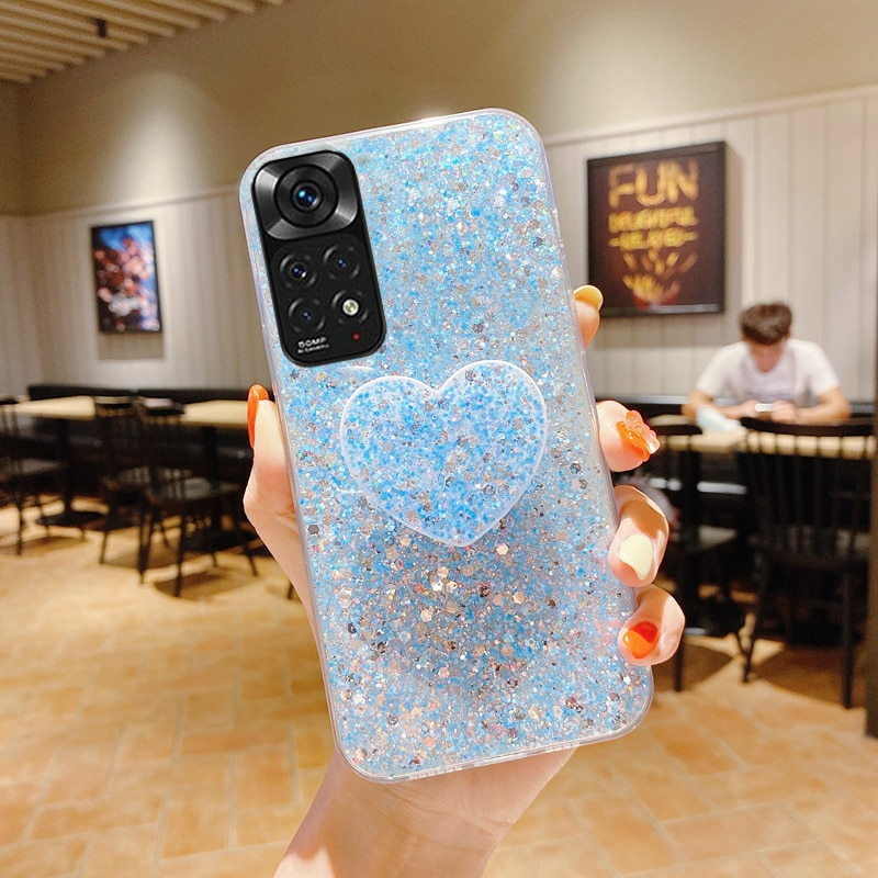 Shiny Glitter Heart Love Phone holder Case For Xiaomi Redmi Note 11 11S 10 10S 9 9S 9A 9C 8 8A 7 Pro Soft Silicone Cover_voghion.com