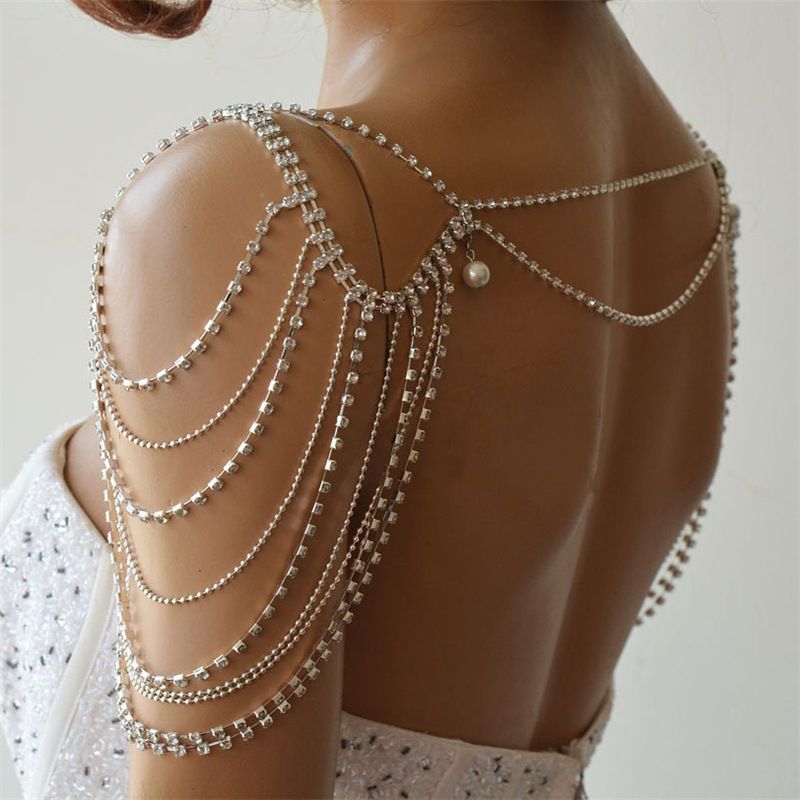 Stile etnico Su, abito da donna con catena a spalla e nappe multistrato in strass e accessori_voghion.com