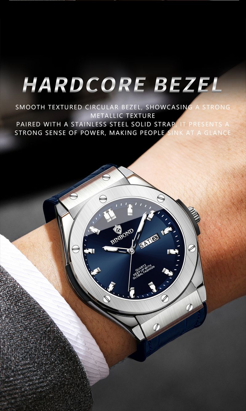 Orologio elegante da uomo in acciaio inossidabile e pelle - Cronografo al quarzo sottile con datario, lancette luminose e resistenza all'acqua fino a 30 m. Orologio al quarzo per il tempo libero_voghion.com