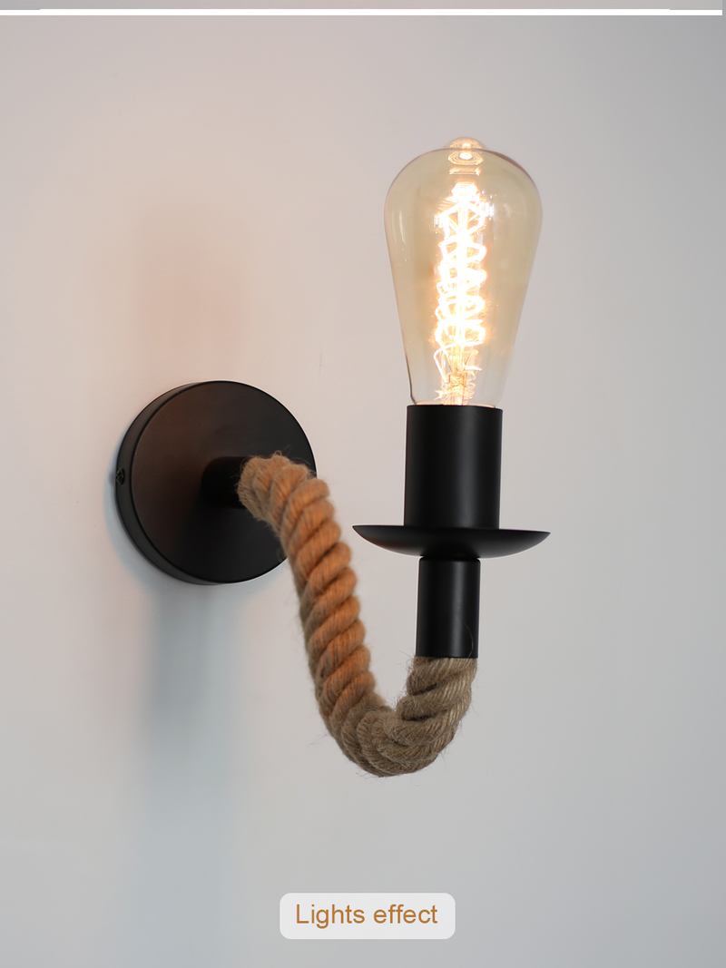 Lampada da parete vintage in corda di canapa Lampada da parete in legno E27 110V 220V Lampada da parete per corridoio per interni Loft per esterni Lampada da comodino per applique industriale_voghion.com