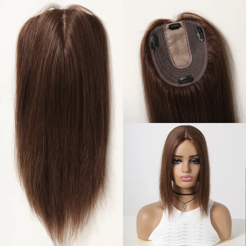 Topper per capelli umani da donna per capelli diradati, clip per toupee marrone, base in seta per capelli veri, riga centrale da 12 pollici_voghion.com
