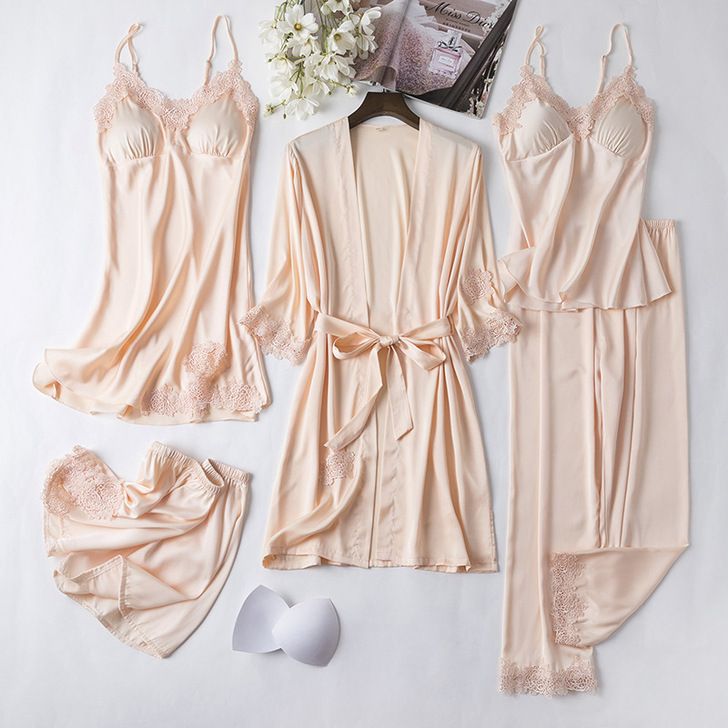 Underwear Pajamas Women Summer Ice Silk Sexy Suspenders Nightdress With Chest Pads Simulation Silk Satin Nightgown Five Piece Suit Home Clothes_voghion.com