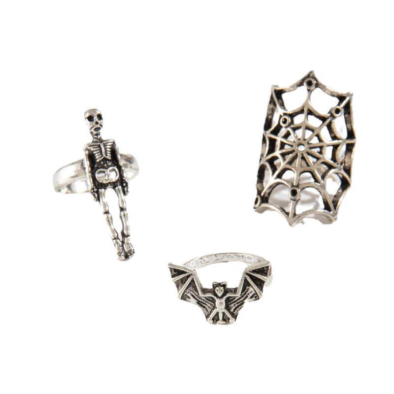 Juego de siete anillos de telaraña de murciélago estilo punk con calavera y personalidad oscura para Halloween_voghion.com