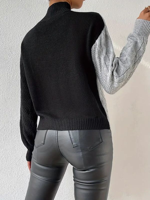 Damenbekleidung halbhoher Kragen, gedrehter Pullover, Herbst und Winter, Kontrastfarbe, lockerer, lässiger Pullover_voghion.com