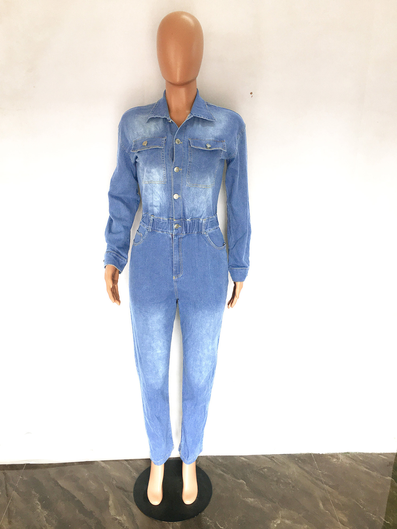 Women's Clothing Denim Slim Waisted Washed Long-sleeved Jumpsuit_voghion.com