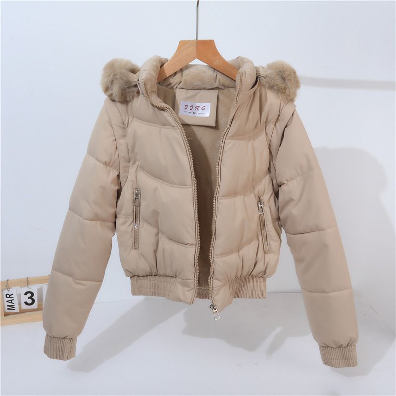 Doudoune courte convertible à manches amovibles et capuche en fausse fourrure pour femme - Manteau d'hiver taille haute doublé polaire épaisse_voghion.com