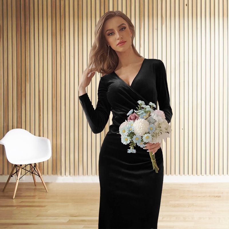Damenbekleidung V-Ausschnitt Hüftrock Schlank Elegant Temperament Fischschwanzkleid Abendkleid_voghion.com