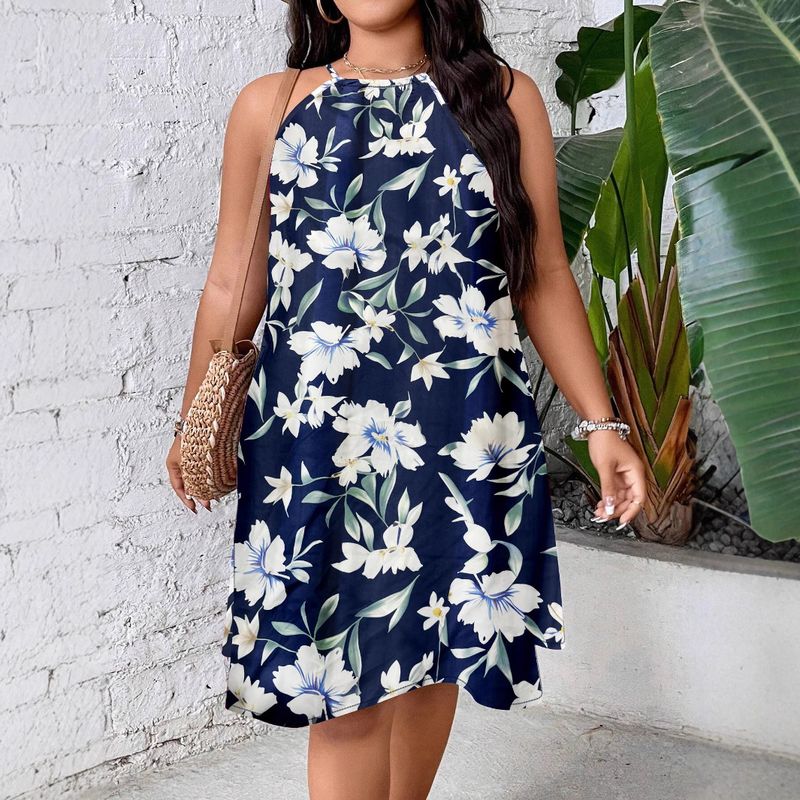Robe cache-maillot de bain grande taille pour femme, style vacances, col licou, imprimé floral et feuilles, coupe trapèze_voghion.com