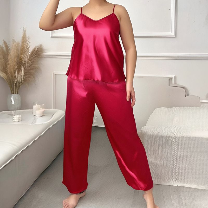 Women's Sleepwears Spring And Autumn Pamas Solid Color Printed Suspenders Trousers Two Piece Suit_voghion.com