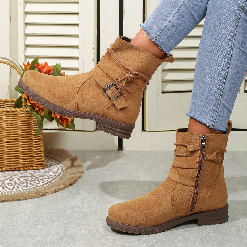 Short Booted Women's 2023 Autumn/winter New Round Head Martin Boots Side Zipper Belt Buckle Women's Boots_voghion.com