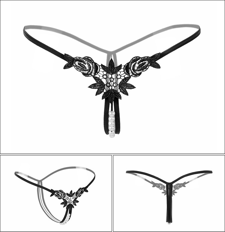 Three-dimensional pearl ladies water-soluble flower thong low-rise sexy see-through T pants_voghion.com