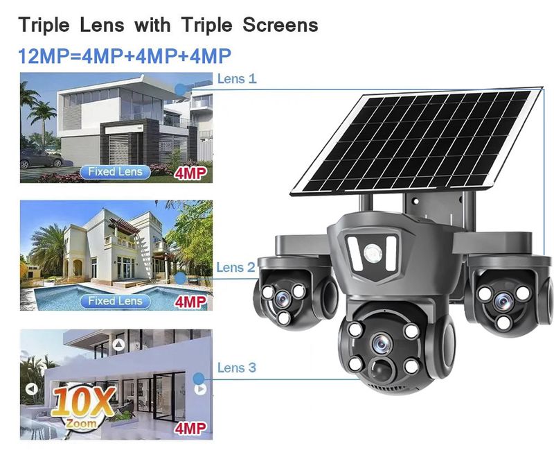 Câmera de segurança PTZ de 4 lentes alimentada por energia solar - WiFi/4G externo, Ultra HD, sem necessidade de fiação_voghion.com
