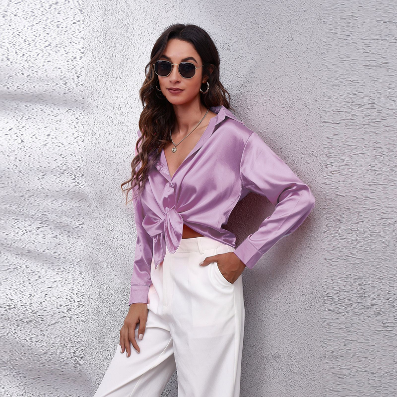 Women's clothing color D shirt satin silk imitation long sleeve shirt_voghion.com