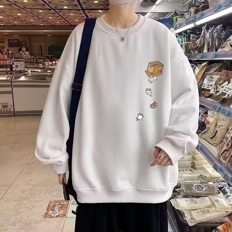 Felpa girocollo primaverile e autunnale da uomo, maglietta con spalle scese stampate, giacca ampia senza cappuccio, coppia alla moda_voghion.com