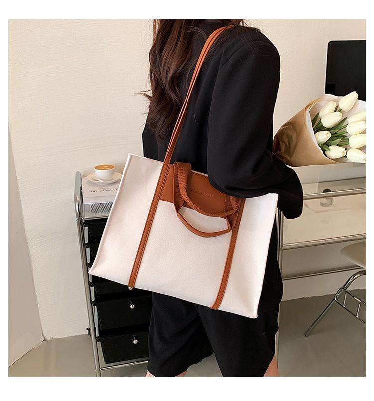 Borse tote da donna, semplici borse tote da donna con colori di tela a contrasto e tracolla singola di grande capacità._voghion.com