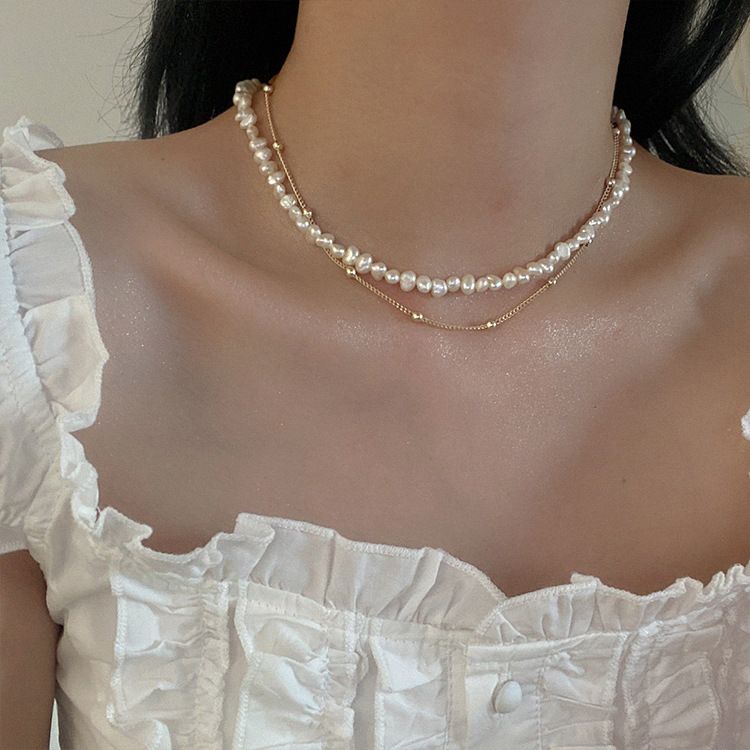 Collana con perle d'acqua dolce da donna, stile retrò francese, semplice, versatile, elegante, alla moda, con catena per clavicola_voghion.com