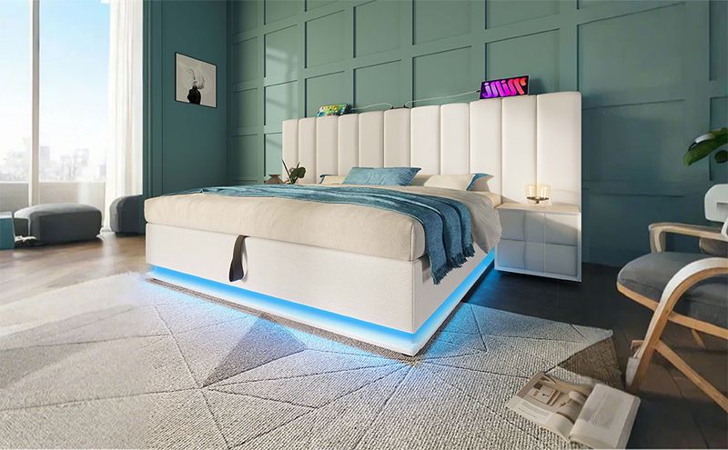 Lit double 160 x 200 cm avec rangement intégré, éclairage LED et recharge USB-C via application, sommier à lattes et matelas inclus, similicuir, blanc_voghion.com