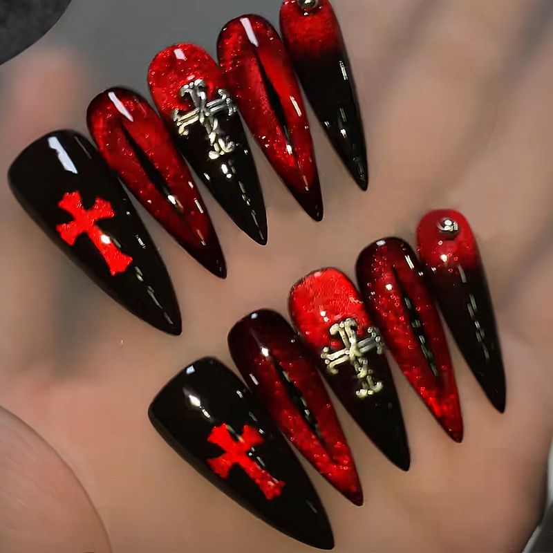Lot de 24 faux ongles œil de chat en amande, dégradé foncé, style Halloween, à porter sans modération._voghion.com