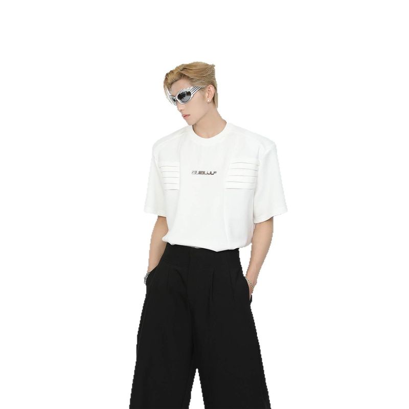 Original Design T-shirt Men's Multi-level Structure Shoulder Pad Short Sleeved Summer Half Cut Sleeve_voghion.com