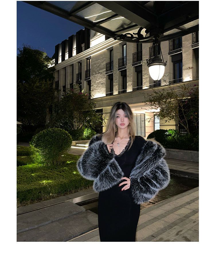 Puszysty płaszcz z futra lisa srebrnego, damska kurtka ze sztucznego futra z klapą, modna, zimowa, ciepła i ekologiczna odzież wierzchnia_voghion.com