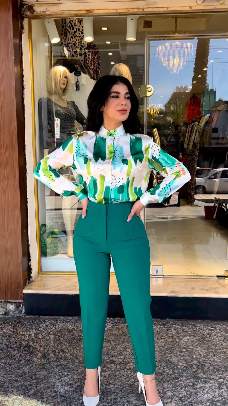Women's summer temperament long-sleeved shirt high-waisted nine-point pants and small-leg pants suit_voghion.com