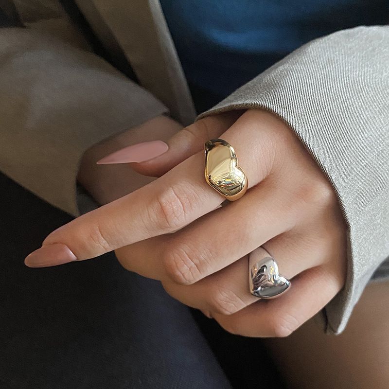 Moda Argento Colore Tendenza Creativo Nuovo Amore Cuore Forma Anello Oro Leggero Metallico Texture Ragazze Gioielli Coppia_voghion.com
