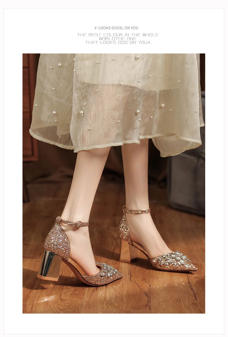 6666-3 Scarpe con tacco grosso, paillettes, strass, fibbia, cinturino singolo, abito da banchetto da sposa, tacchi alti, eleganti glitter_voghion.com