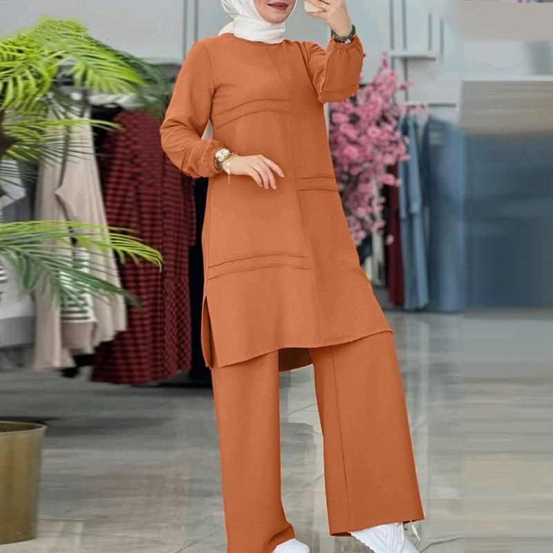 Ropa deportiva de dos piezas de color liso para mujer, camisa elegante de manga larga, funda para pantalones de pierna ancha_voghion.com