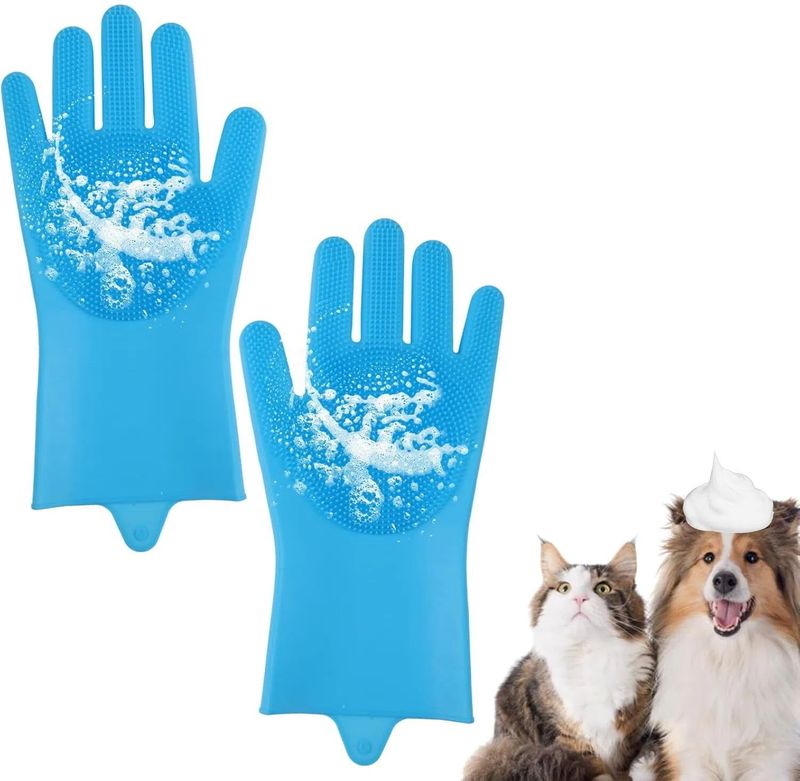 2-teiliges Tierpflegeset, Hundewaschhandschuhe mit verbessertem Fünf-Finger-Design, Silikon-Badebürste zur Haarentfernung, Massage und Haarentfernung für Hunde C_voghion.com