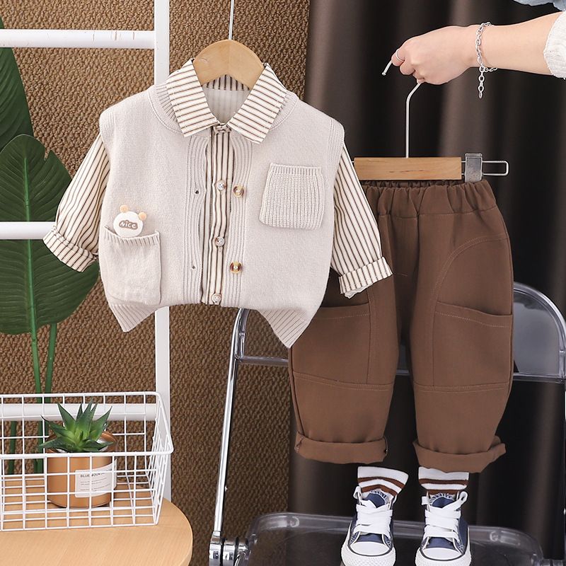 Boys' Spring Autumn Outfit New Autumn Sweater Vest Three Piece Set Baby Cool And Stylish Children's Clothing_voghion.com
