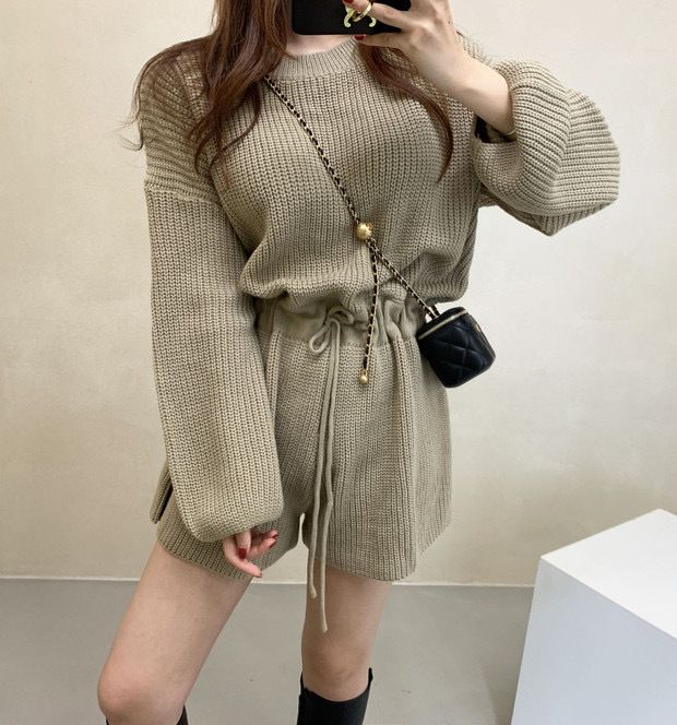 2024 Korean Chic Autumn Round Neck Drawstring Strap Waist Long Sleeve Knitted Wide Leg jumpsuit Shorts for Women_voghion.com