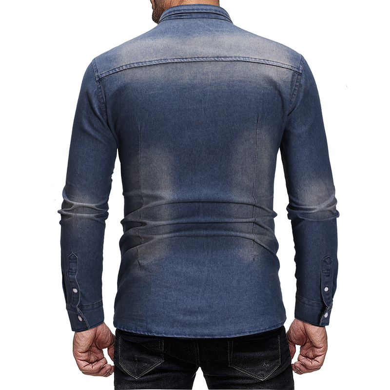 Herrenbekleidung Vintage einfaches langärmeliges Jeanshemd für Herren in Übergröße_voghion.com