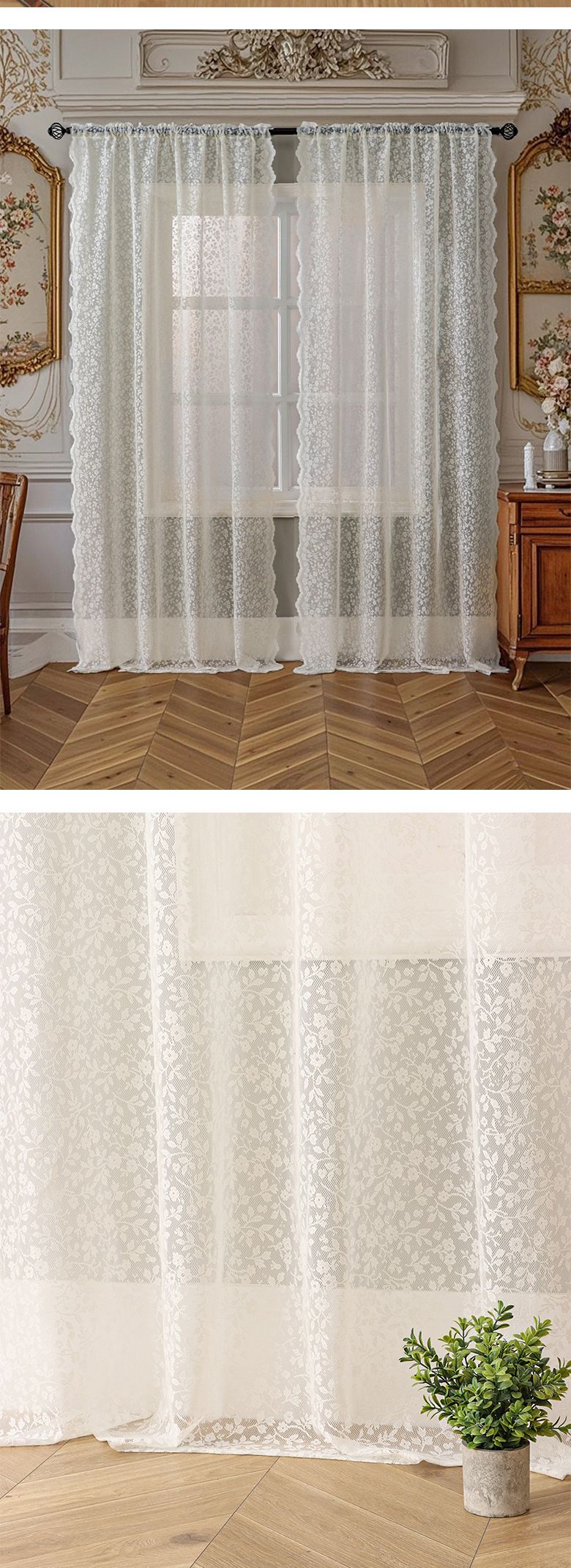 Franska krämfärgade transparenta gardiner - Vita voilegardiner för vardagsrum och sovrum (ljusfiltrerande, inte genomskinliga, färdiga, bohemisk chic-stil)_voghion.com